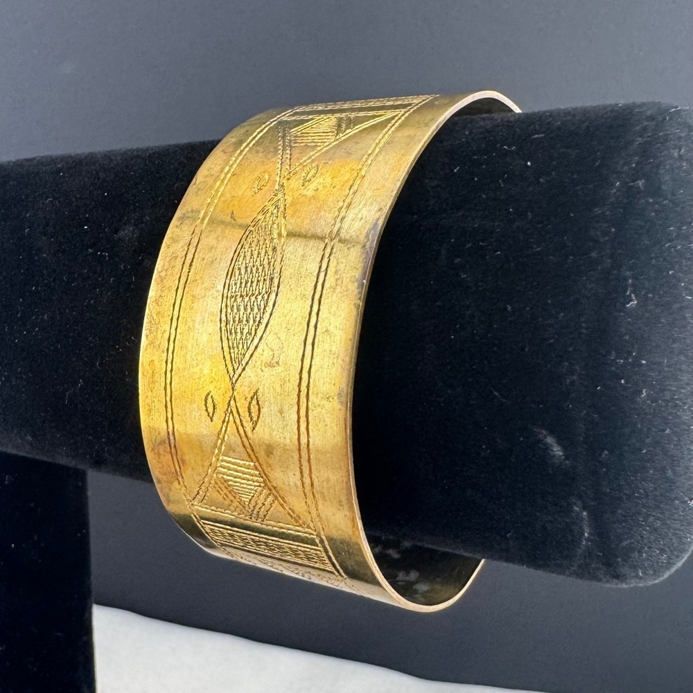 Vintage Brass Cuff Bracelet Etched Wide Band Tribal Engraved Boho 6.25"